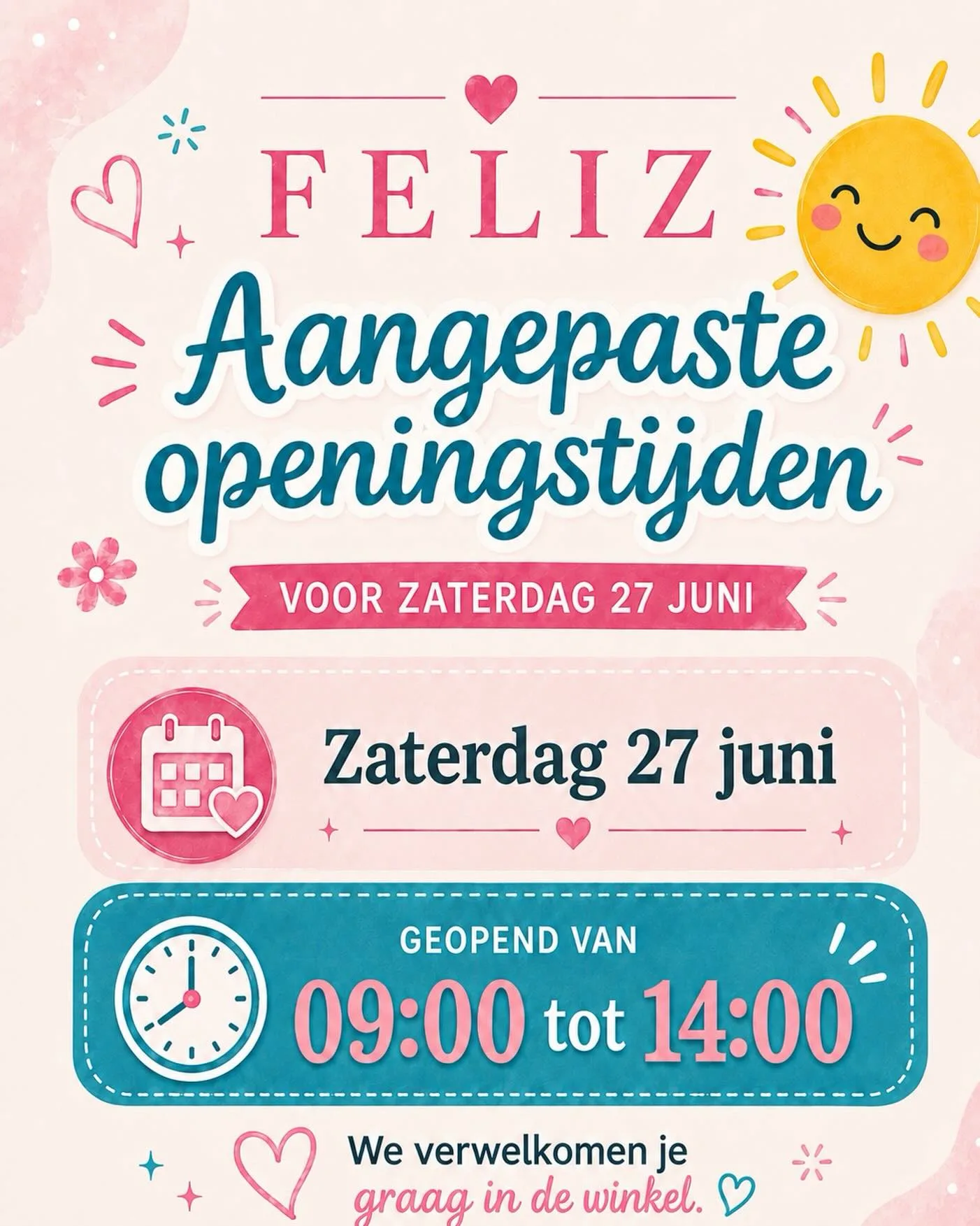 Wegens de warmte aangepaste openingstijden voor zaterdag 27 juni. ☀️