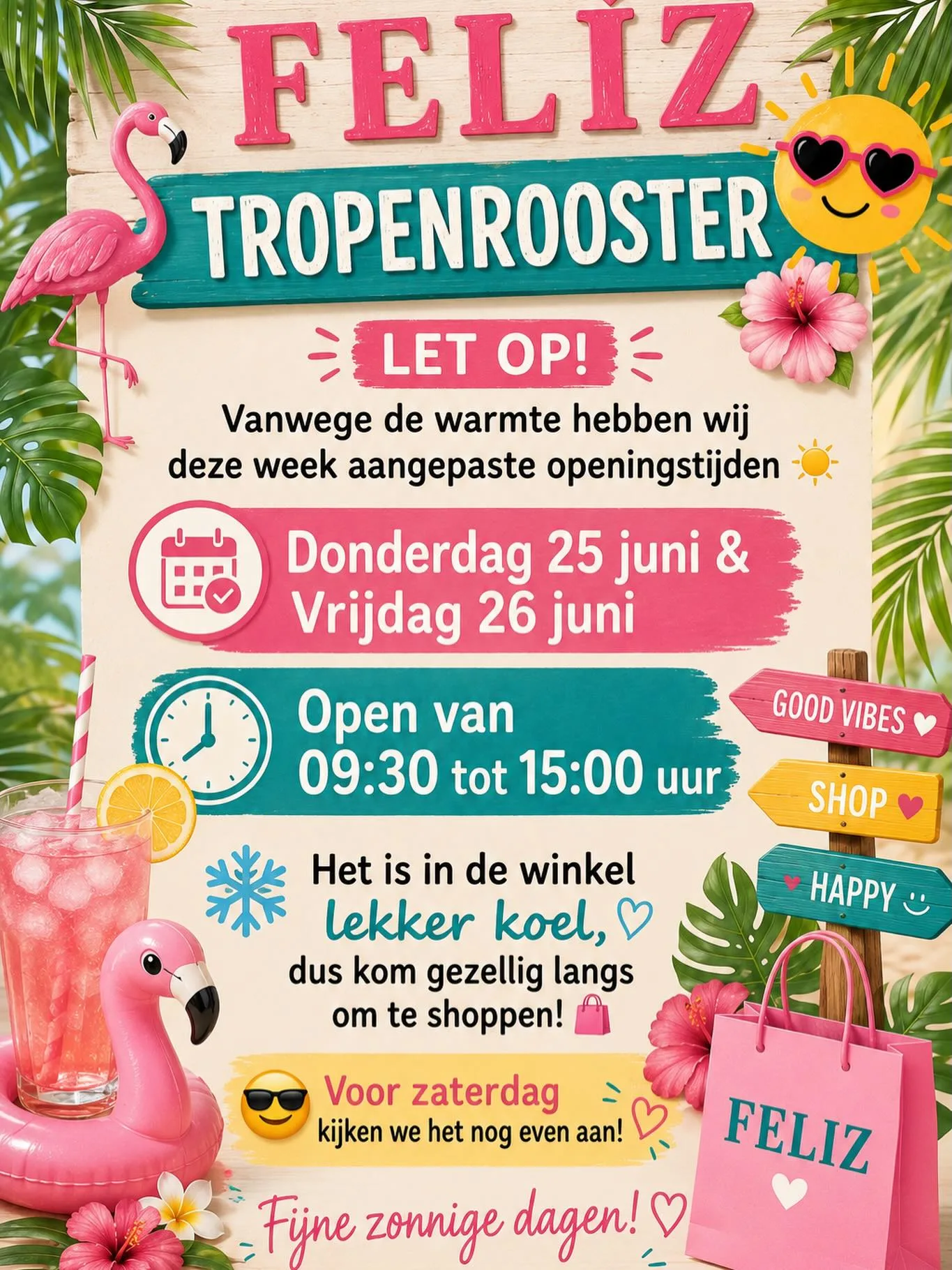 Let op ☀️ vanwege de warmte hebben we aangepaste openingstijden ☀️ 

#feliz #tropenrooster #fashion #hittegolf☀️